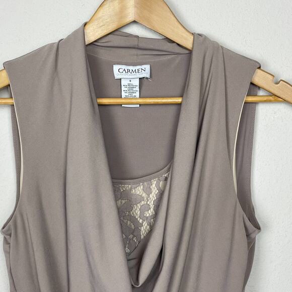 Carmen Marc Valvo Taupe Cowlneck Sleeveless Ruched Lace Hem Top Size S Fairycore - Picture 6 of 6